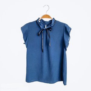 EUC Navy Dark Blue Ruffle & Tie Neckline Summer Light Boutique Blouse Top S